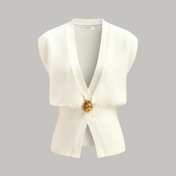 Commense Sweaters - NEW White Sweater Vest with Gold Button Detail - roomy fit